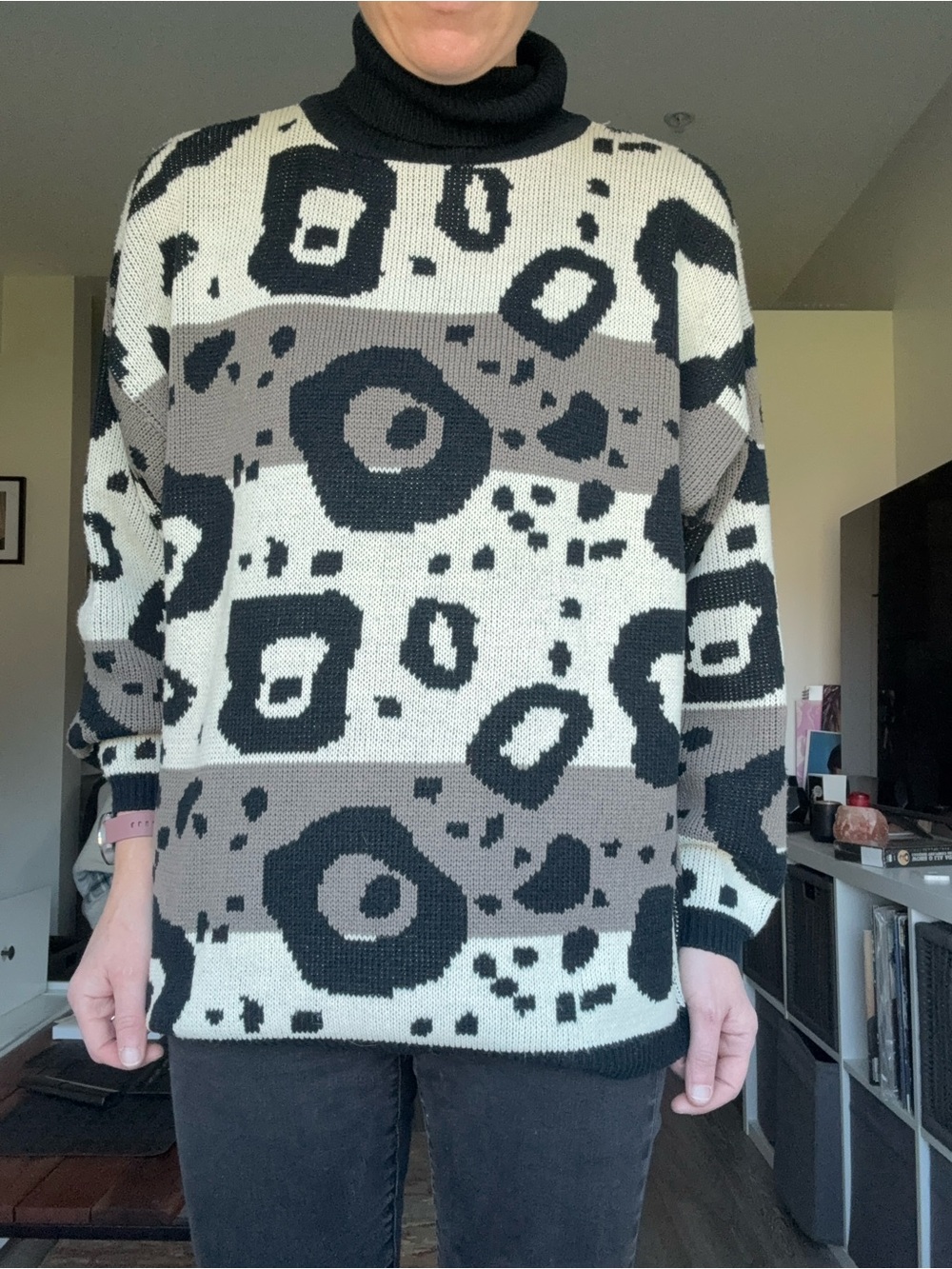 Vintage 80s Smart Set Memphis Abstract Circle Turtleneck Sweater M